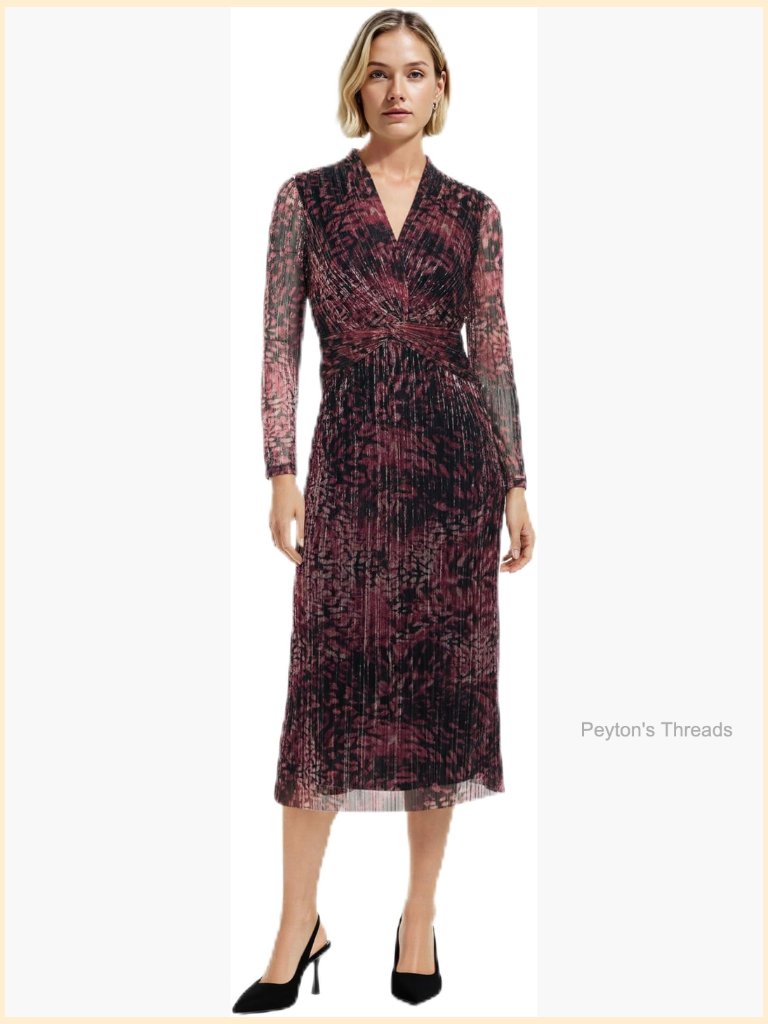 Long Sleeve Twist Front Printed Shine Midi Dress, Polyester Blend
